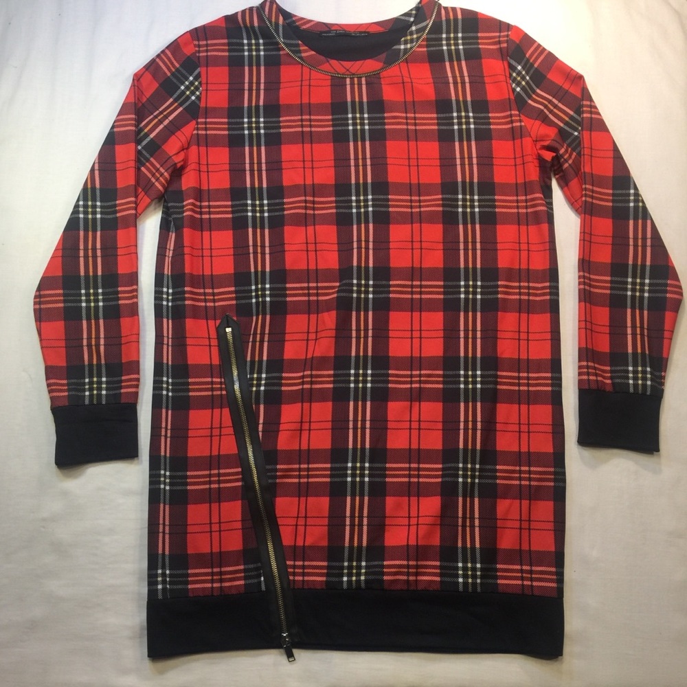 Zara collection red plaid top sz L zipper accents - Picture 1 of 6